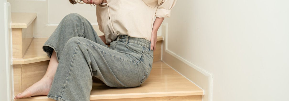 Asian lady woman patient fall down the stairs because slippery s